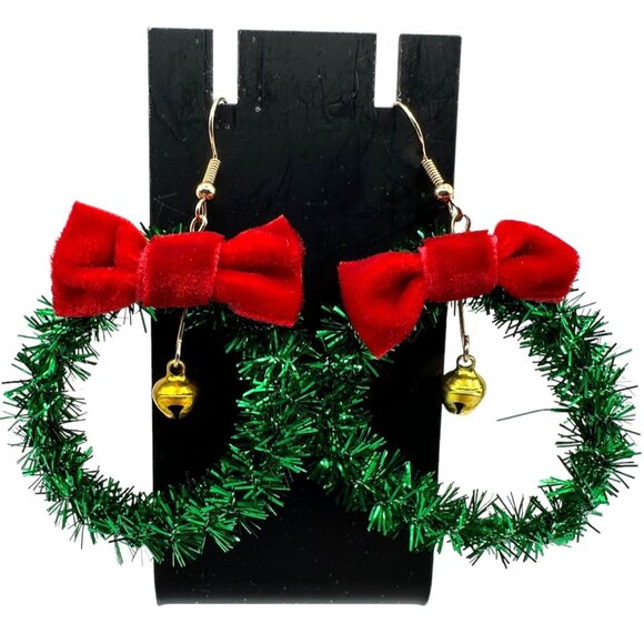 Festive Christmas Wreath Earrings Red Velvet Bows Holiday Jewelry For Women - Picture 2 of 6